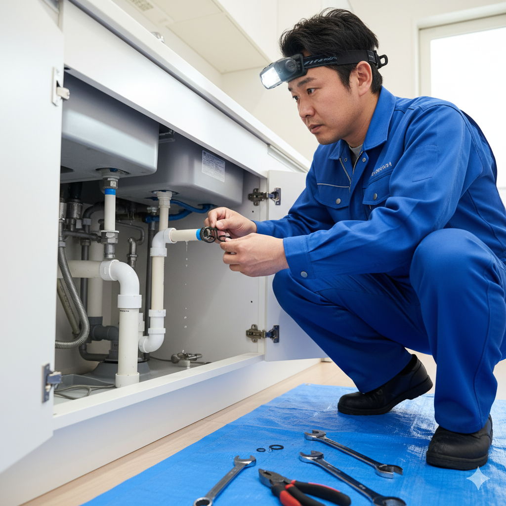 キッチンの水漏れ修理作業中