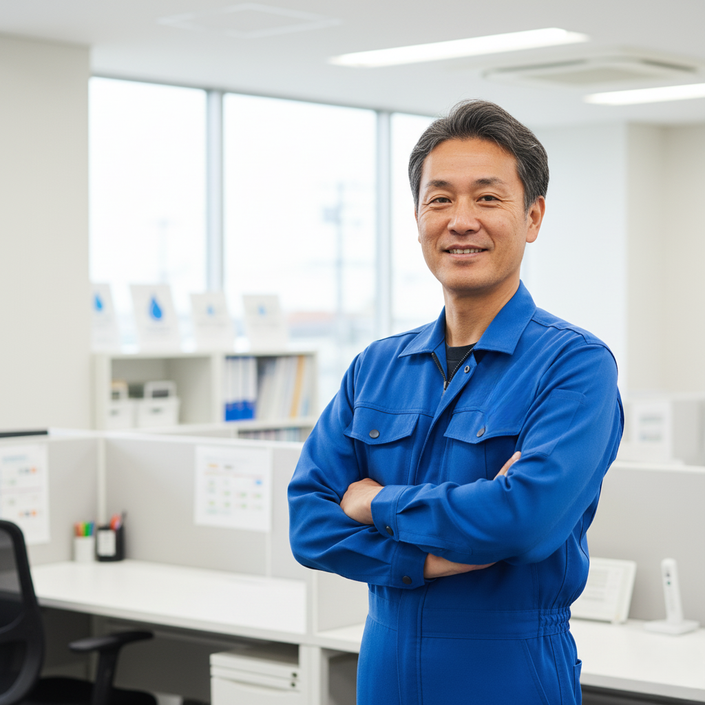 オフィス内で作業服を着て、笑顔で腕を組む管理職の男性作業員