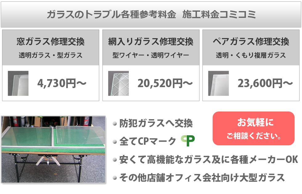 ガラスの生活トラブル各種参考料金　施工料金コミコミ