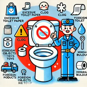 DALL·E 2025 03 08 19.39.00 A Japanese style eye catching illustration for a toilet clog prevention guide. The image features a modern Japanese toilet with a red warning sign ind