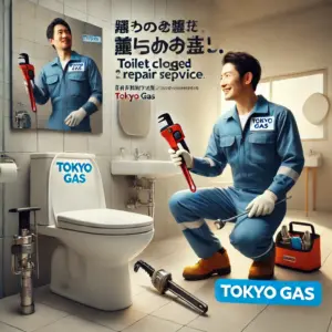 DALL·E 2025 03 14 00.50.05 An advertisement showcasing Tokyo Gass toilet clog repair service. The image features a professional plumber in a Tokyo Gas uniform using specialized