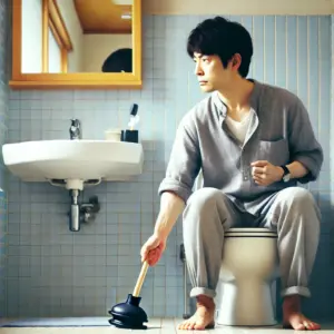 DALL·E 2025 03 21 23.32.17 A Japanese man in his 30s using a plunger rubber cup to fix a clogged toilet in a clean and modern bathroom. The scene is well lit and realistic wi
