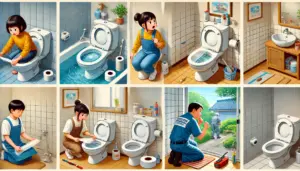 DALL·E 2025 04 14 23.31.39 A Japanese home bathroom scene depicting a common toilet clogging situation. The toilet is filled with water and appears clogged with a Japanese woma